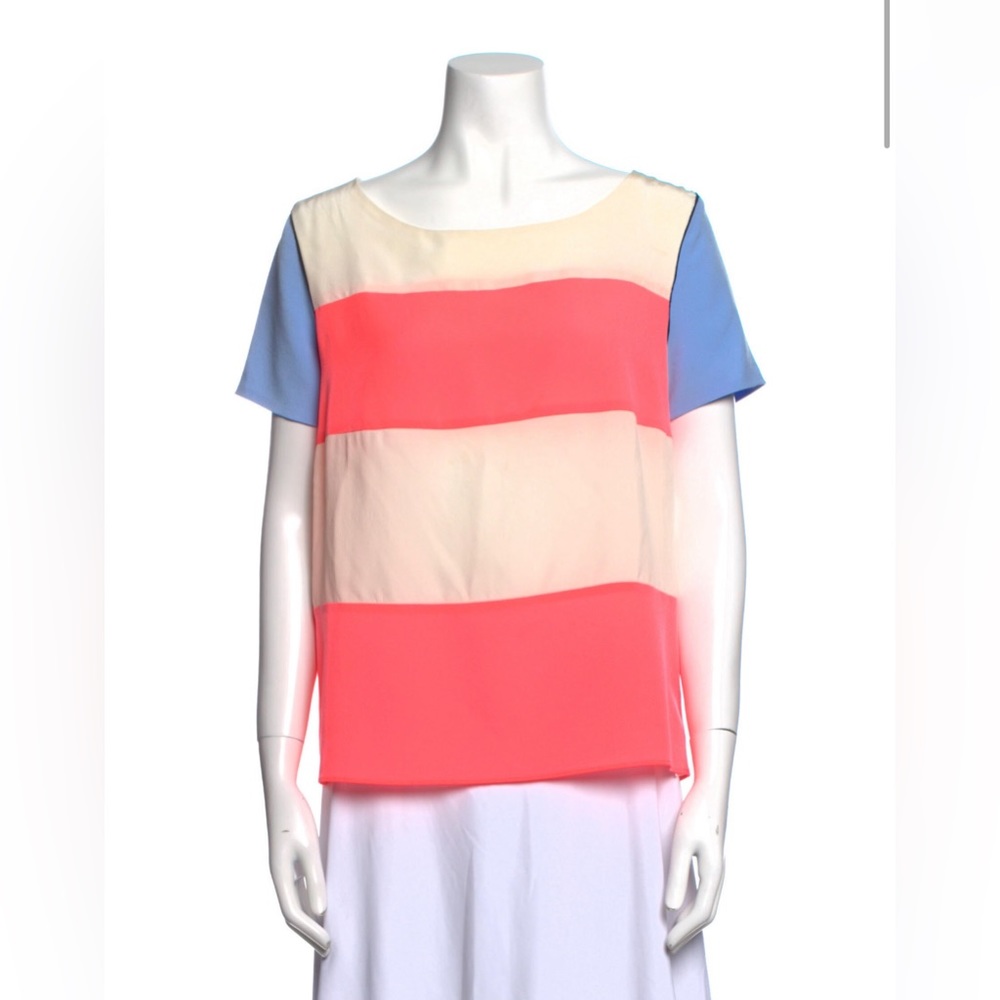 Sandro Striped Silk Tshirt Blouse | designer size 3 | blue, coral + cream stripe